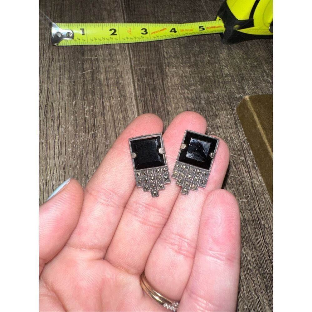 Vintage Sterling silver Art Deco earrings with marcasite and black glass panels